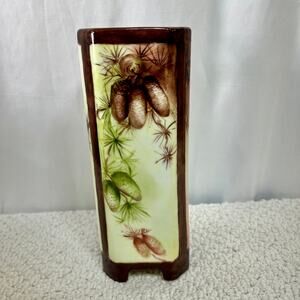 Victoria Austria Hand Painted Pinecone Vase Square Footed 8 1/8" Tall Antique